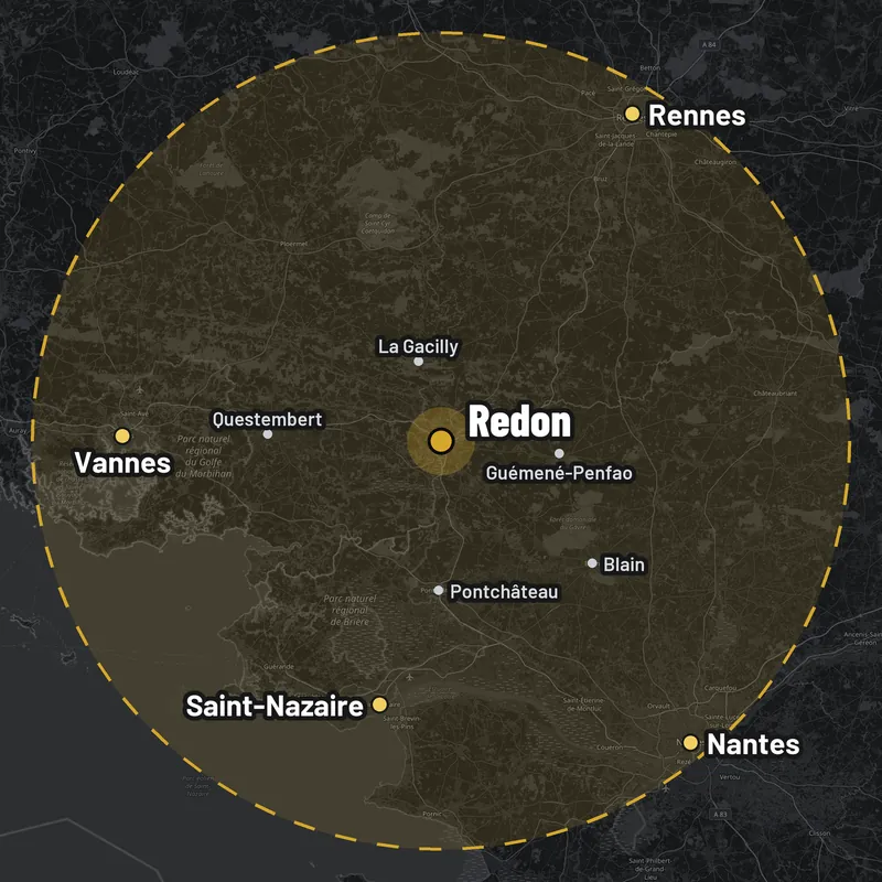 Carte de la zone d'intervention d'AB Couverture : un cercle de 65 km autour de Redon, jusqu'à Nantes, Rennes, Vannes et Saint-Nazaire