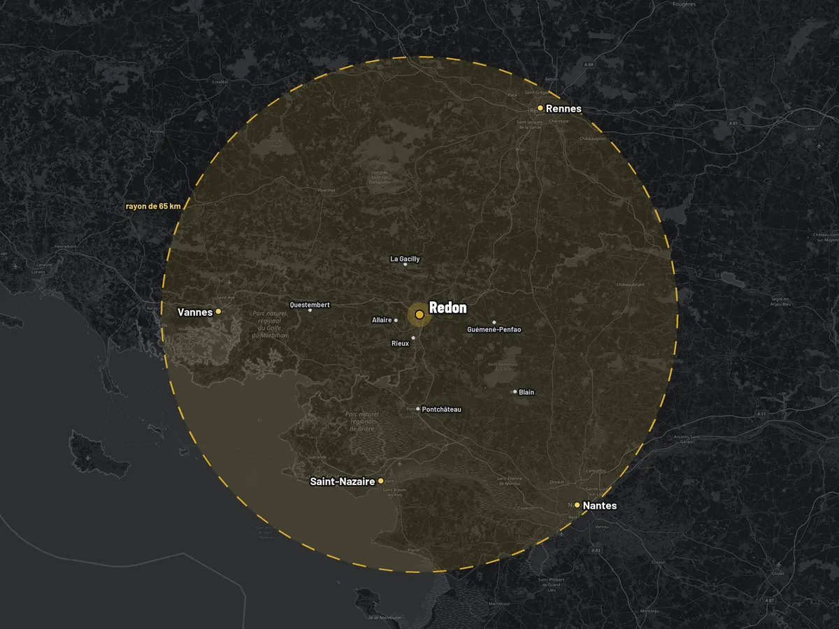 Carte de la zone d'intervention d'AB Couverture : un cercle de 65 km autour de Redon, jusqu'à Nantes, Rennes, Vannes et Saint-Nazaire
